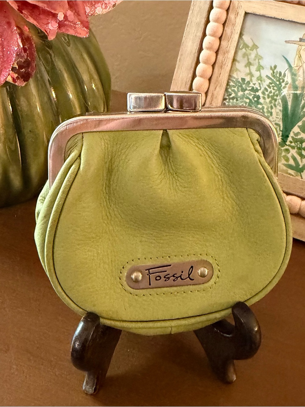 Fossil Lime Green Leather Kiss-Lock Coin Purse